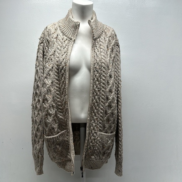 Aran Crafts Sweater Jacket Merino Wool Full Zip Collared Cable Knit Tan Medium - Picture 2 of 9